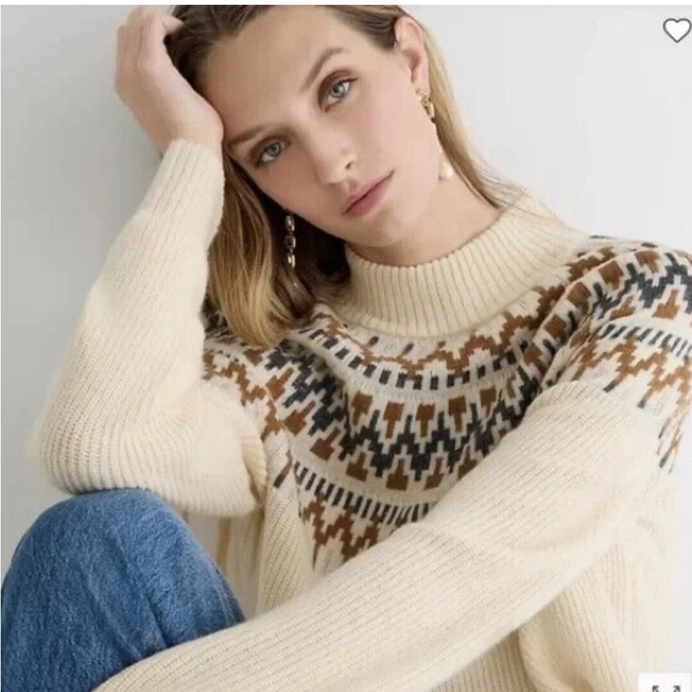 J. Crew Cream Fair Isle Turtleneck Sweater with Brown & Black Yoke